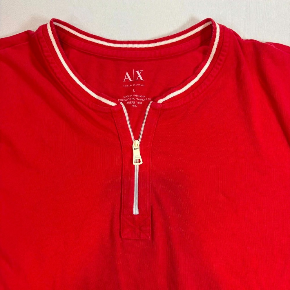 Armani Exchange Men's L Red White Quarter Zip Side Panel Logo T-Shirt Polo - Picture 3 of 4